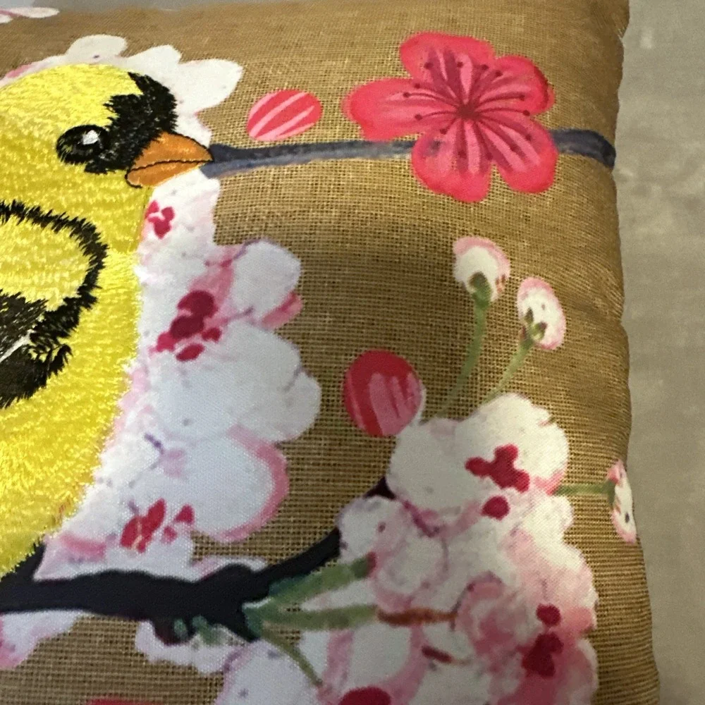 Yellow Finch‎ Embroidered  Indoor Outdoor Pillow Crochet Flowers 17 x 17